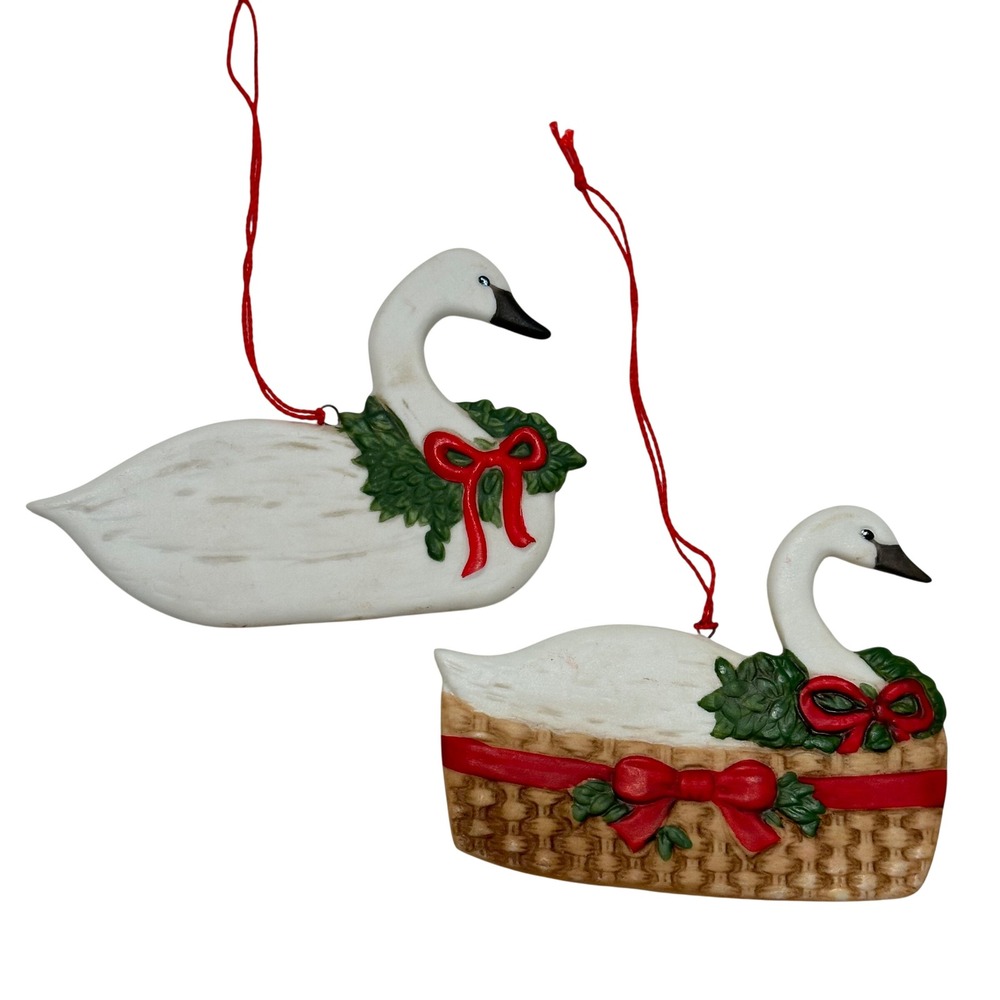 Schmid Gordon Fraser Vintage Swan Christmas Ornaments 1983 1984 Set of 2 Ceramic